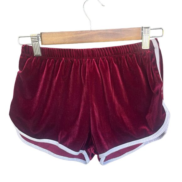 Y2K Velour Shorts Womens Small Maroon Pull On Side Stripe Shorty Shorts - Picture 1 of 8